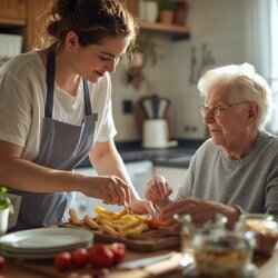 badante che prepara il pranzo ad una persona anziana badante che prepara il pranzo ad una persona anziana